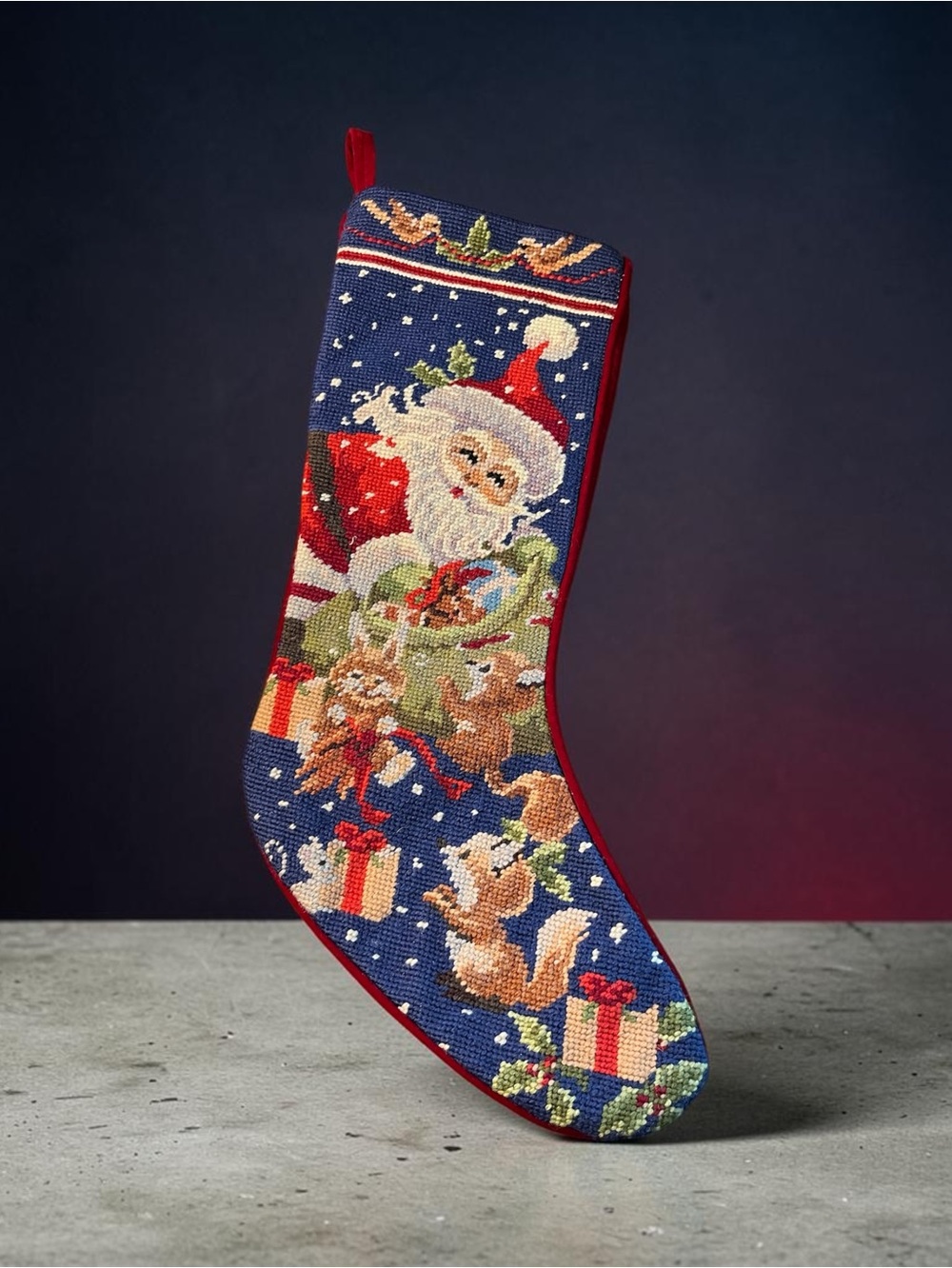 Vintage Santa/squirrel needlepoint Christmas stocking